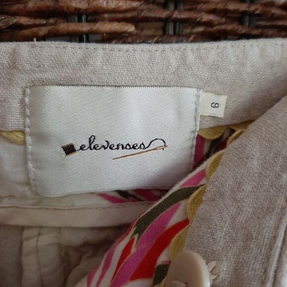 Anthropologie Elevenses Linen Mid Rise Shorts 6 Beige Pleated Metallic Coastal - Picture 4 of 6